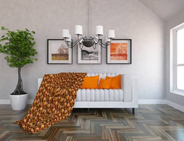 Bir beyaz İskandinav oturma odası iç kanepe ve bitki ile fikir. Ev nordic iç. 3D çizim 