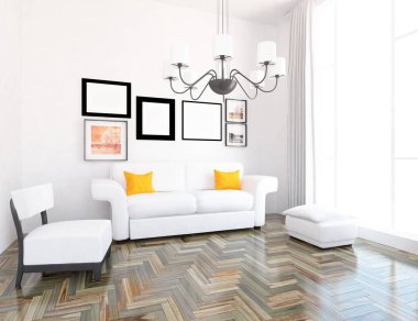Bir beyaz İskandinav oturma odası iç kanepe ile fikir. Ev nordic iç. 3D çizim 