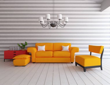 Bir beyaz İskandinav oturma odası iç kanepe ve bitki ile fikir. Ev nordic iç. 3D çizim 