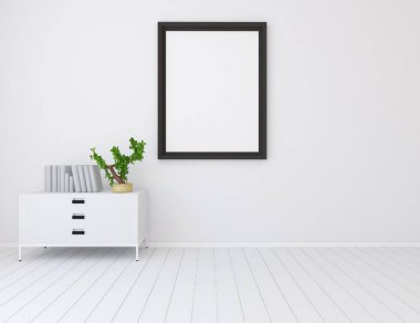 Beyaz boş İskandinav odası iç ahşap zemin üzerinde şifoniyer ile fikir. Ev nordic iç. 3D çizim