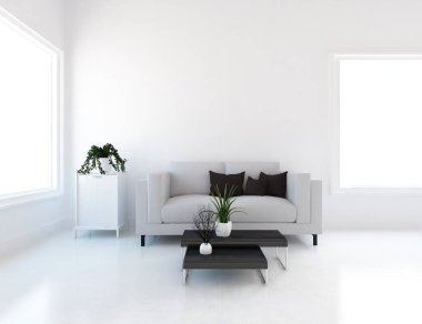 Bir beyaz İskandinav oturma odası iç kanepe, bitkiler ve ahşap zemin ile fikir. Ev nordic iç. 3D çizim 