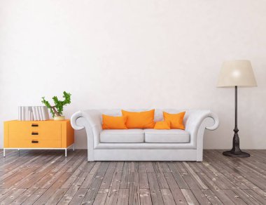 Bir beyaz İskandinav oturma odası iç kanepe ile fikir. Ev nordic iç. 3D çizim 