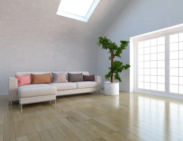 Ide Interior Ruang Tamu Skandinavia Putih Dengan Sofa Dan Tanaman — Stok Foto