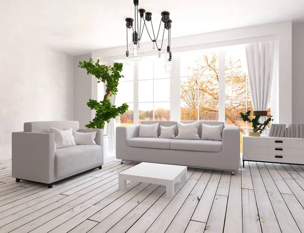 Bir Beyaz Skandinav Oturma Odası Kanepe Bitkiler Ahşap Zemin Ile — Stok fotoğraf