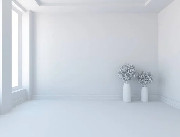 Idea of a white empty scandinavian room interior with vases on wooden floor . Home nordic interior. 3D illustration