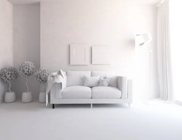 white room interior with furniture. Scandinavian interior design. 3d illustration