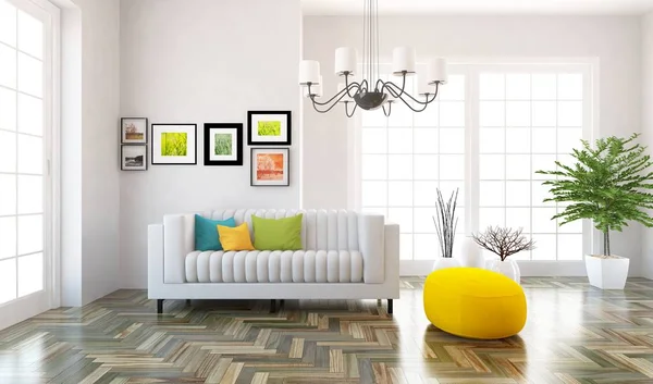 Idee Eines Weißen Skandinavischen Wohnzimmers Mit Sofa Pflanzen Und Holzboden — Stockfoto