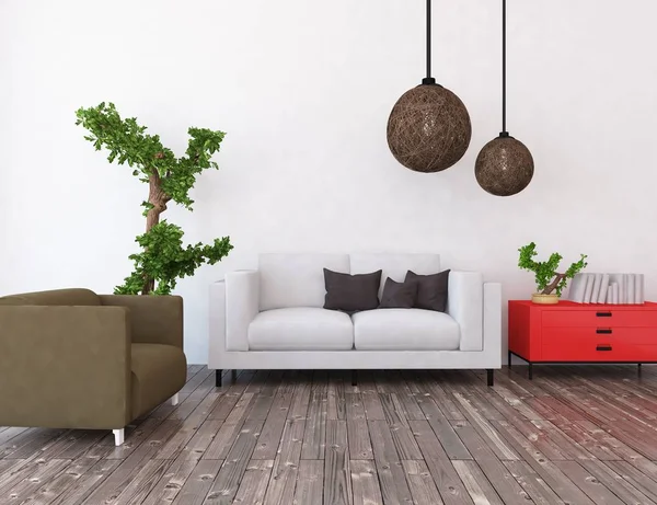 Idea of a white scandinavian living room interior with sofa ,plants and wooden floor  . Home nordic interior. 3D illustration