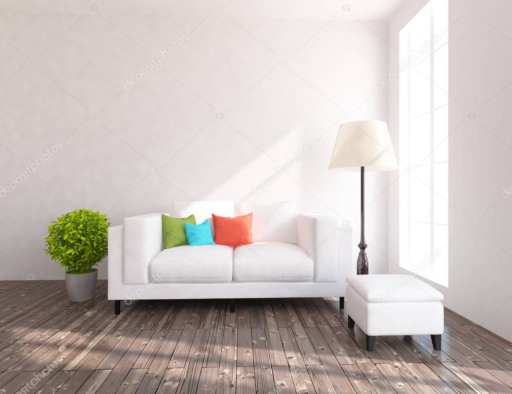 Idea of a white scandinavian living room interior with sofa and   plant  . Home nordic interior. 3D illustration 