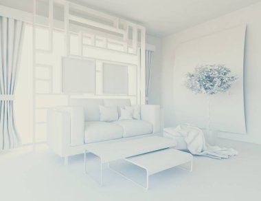 Beyaz Oda iç mobilya ile. İskandinav iç tasarım. 3D çizim
