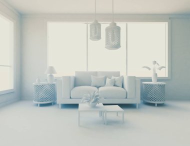 Beyaz Oda iç mobilya ile. İskandinav iç tasarım. 3D çizim
