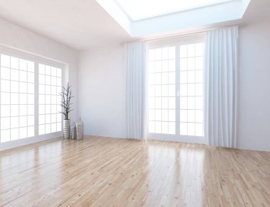 Beyaz Oda iç üretim tesisi ile. İskandinav iç tasarım. 3D çizim