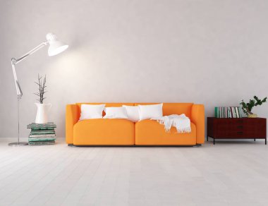 Bir beyaz İskandinav oturma odası iç kanepe ile fikir. Ev nordic iç. 3D çizim 