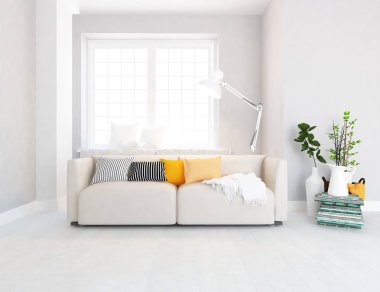 Bir beyaz İskandinav oturma odası iç kanepe, bitkiler ve ahşap zemin ile fikir. Ev nordic iç. 3D çizim 