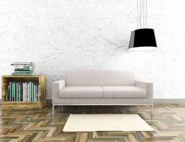 Bir beyaz İskandinav oturma odası iç kanepe ve ahşap zemin ile fikir. Ev nordic iç. 3D çizim 