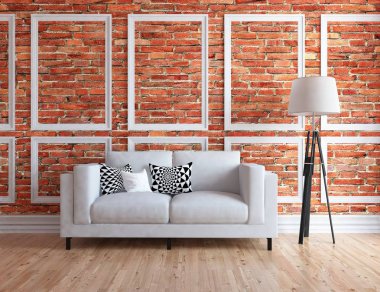 Bir beyaz İskandinav oturma odası iç kanepe ve ahşap zemin ile fikir. Ev nordic iç. 3D çizim 