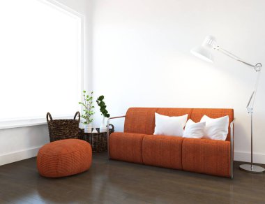 Bir beyaz İskandinav oturma odası iç kanepe, bitkiler ve ahşap zemin ile fikir. Ev nordic iç. 3D çizim 