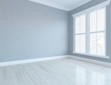 Beyaz Oda iç pencere. İskandinav iç tasarım. 3D çizim
