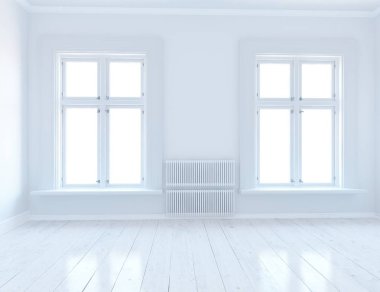 Beyaz Oda iç windows ile. İskandinav iç tasarım. 3D çizim
