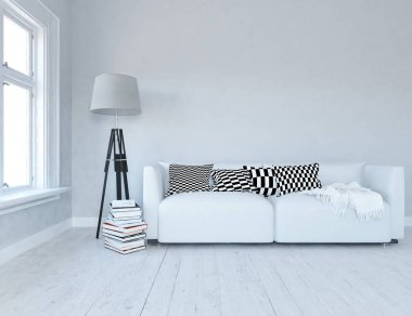 Bir beyaz İskandinav oturma odası iç kanepe ve ahşap zemin ile fikir. Ev nordic iç. 3D çizim 