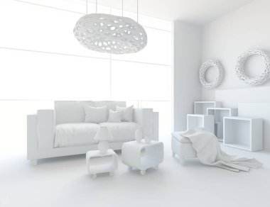 Beyaz Oda iç mobilya ile. İskandinav iç tasarım. 3D çizim