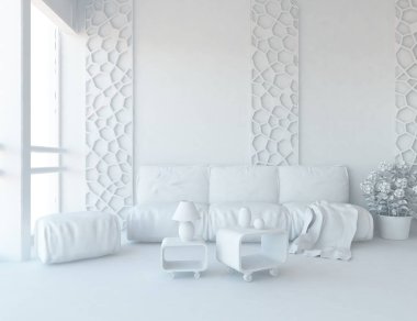 Beyaz Oda iç mobilya ile. İskandinav iç tasarım. 3D çizim
