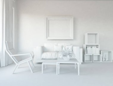 Beyaz Oda iç mobilya ile. İskandinav iç tasarım. 3D çizim