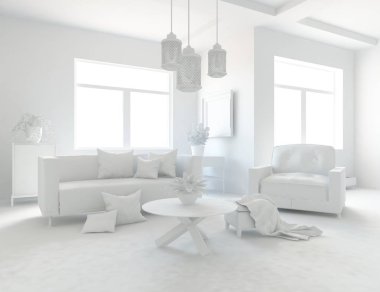 Beyaz Oda iç mobilya ile. İskandinav iç tasarım. 3D çizim