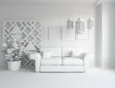 Beyaz Oda iç mobilya ile. İskandinav iç tasarım. 3D çizim