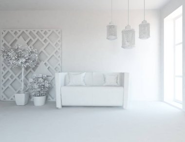 Beyaz Oda iç mobilya ile. İskandinav iç tasarım. 3D çizim