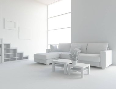 Beyaz Oda iç mobilya ile. İskandinav iç tasarım. 3D çizim