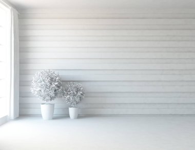 Beyaz boş İskandinav odası iç ahşap zemin üzerinde vazo ile fikir. Ev nordic iç. 3D çizim 