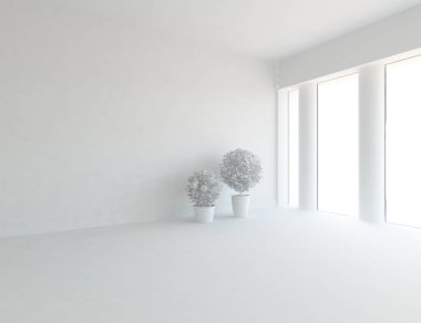 Beyaz boş İskandinav odası iç ahşap zemin üzerinde vazo ile fikir. Ev nordic iç. 3D çizim 