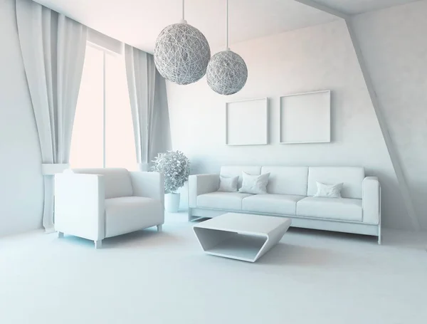 白色的房间内部与家具 斯堪的纳维亚室内设计 — 图库照片
