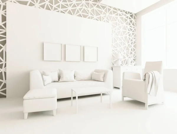 white room interior with furniture. Scandinavian interior design. 3d illustration