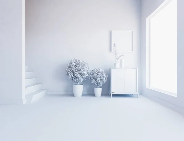 Idea of a white empty scandinavian room interior with dresser on the wooden floor . Home nordic interior. 3D illustration