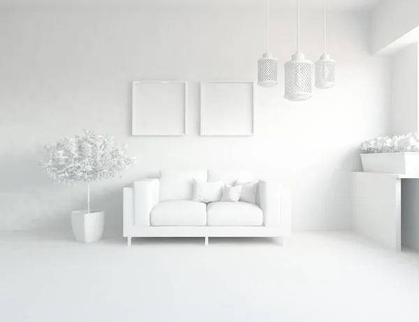 white room interior with furniture. Scandinavian interior design. 3d illustration