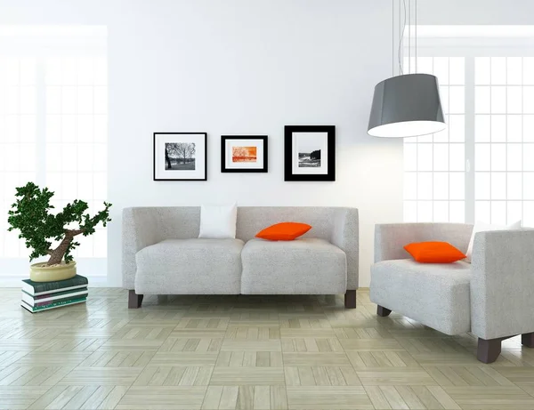 Idea of a white scandinavian living room interior with sofa and   plant  . Home nordic interior. 3D illustration