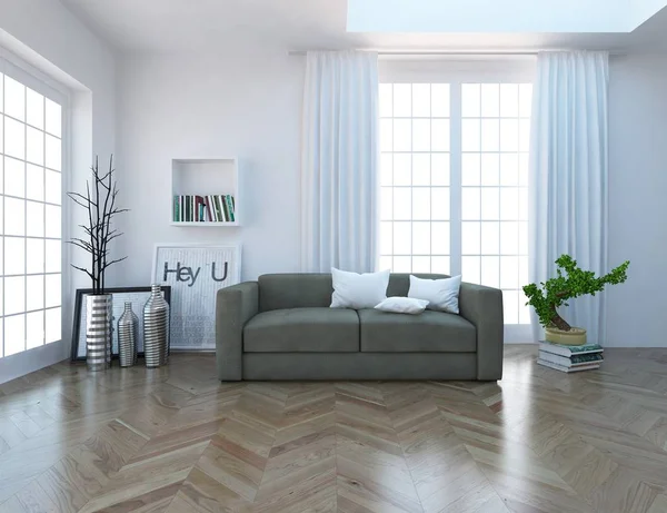 Idea White Scandinavian Living Room Interior Sofa Plants Wooden Floor — стоковое фото