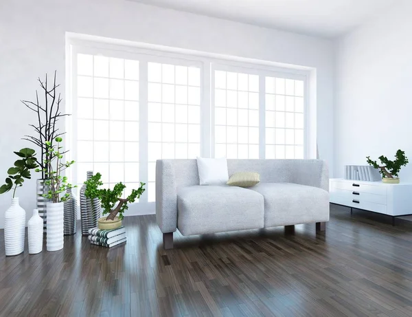 Idea Una Sala Estar Escandinava Blanca Interior Con Sofá Plantas — Foto de Stock