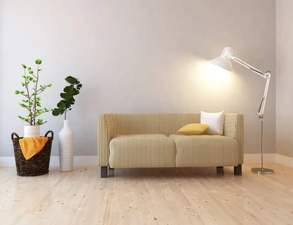 Idea Una Sala Estar Escandinava Blanca Interior Con Sofá Plantas — Foto de Stock