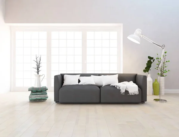 一个白色的斯堪的纳维亚客厅内部与沙发 植物和木地板的想法 家北欧内饰 — 图库照片