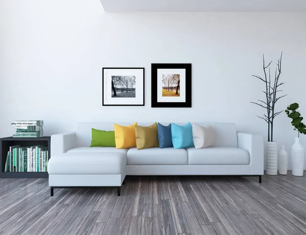 Idee Eines Weißen Skandinavischen Wohnzimmers Mit Sofa Pflanzen Und Holzboden — Stockfoto