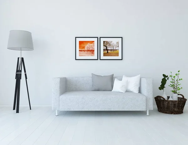 Ide Interior Ruang Tamu Skandinavia Putih Dengan Sofa Rumah Pedalaman — Stok Foto
