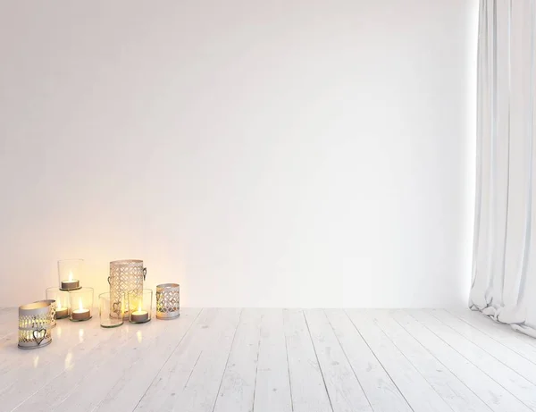 Ιδέα Της Εσωτερικό Σκανδιναβική Δωματίου Κεριά Στο Ξύλινο Πάτωμα Και — Φωτογραφία Αρχείου