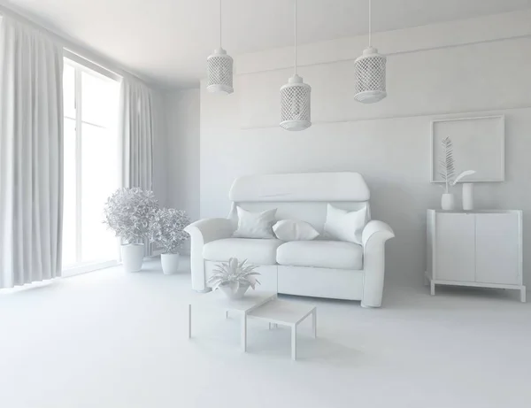 white room interior with furniture. Scandinavian interior design. 3d illustration