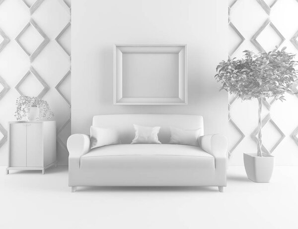 white room interior with furniture. Scandinavian interior design. 3d illustration