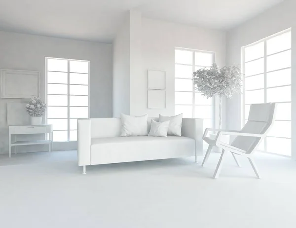 white room interior with furniture. Scandinavian interior design. 3d illustration