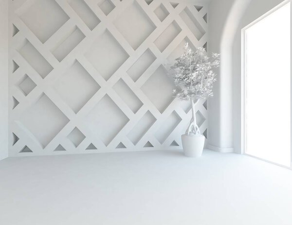 white room interior with plant. Scandinavian interior design. 3d illustration
