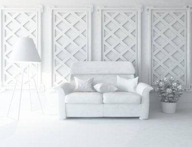 Beyaz Oda iç mobilya ile. İskandinav iç tasarım. 3D çizim